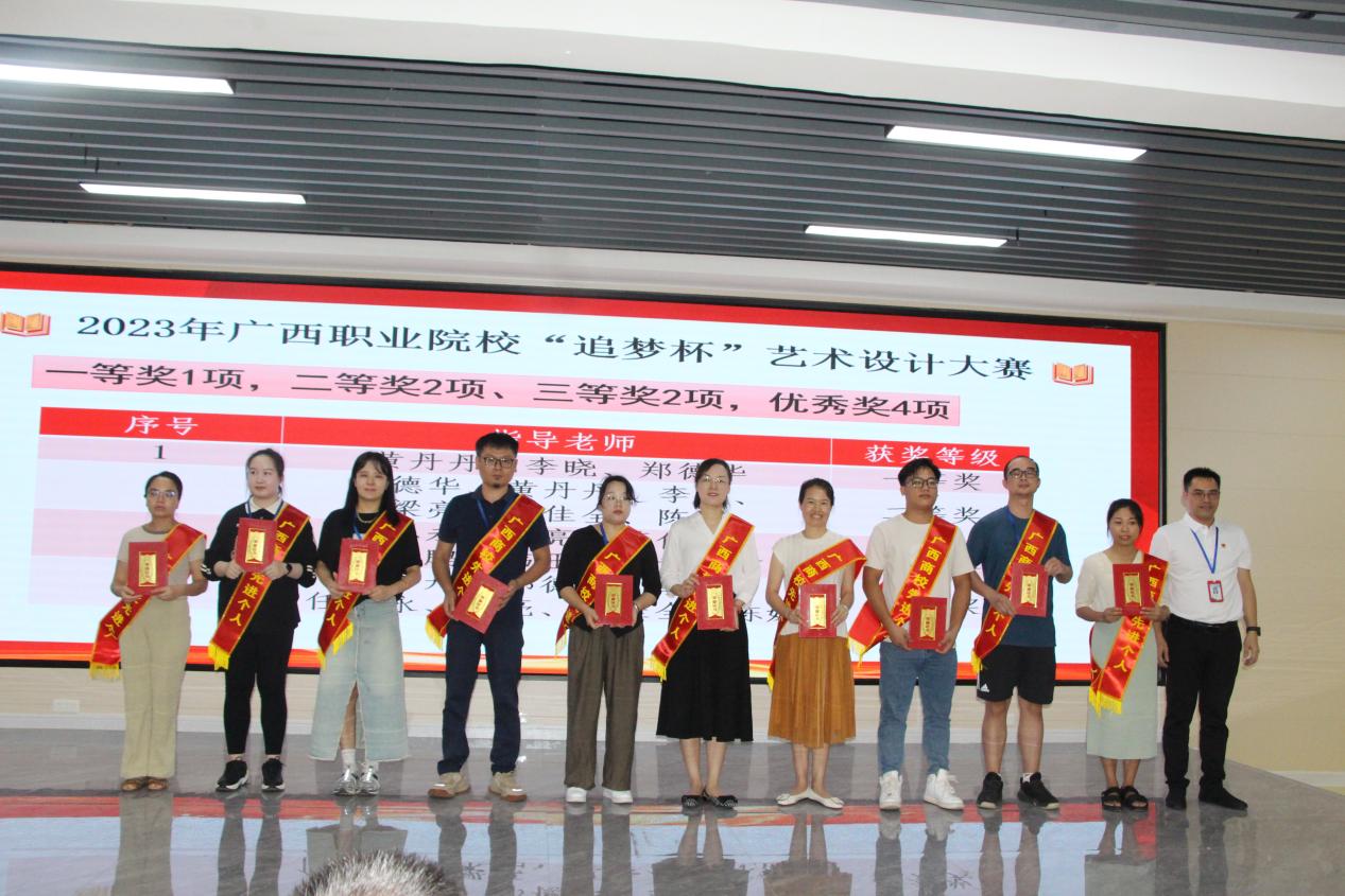 8.学校副校长吴天元（右一）为参加2023年广西职业院?！白访伪币帐跎杓拼笕⑷倩褚弧⒍?、三等奖及优秀奖的指导老师颁奖并合影留念